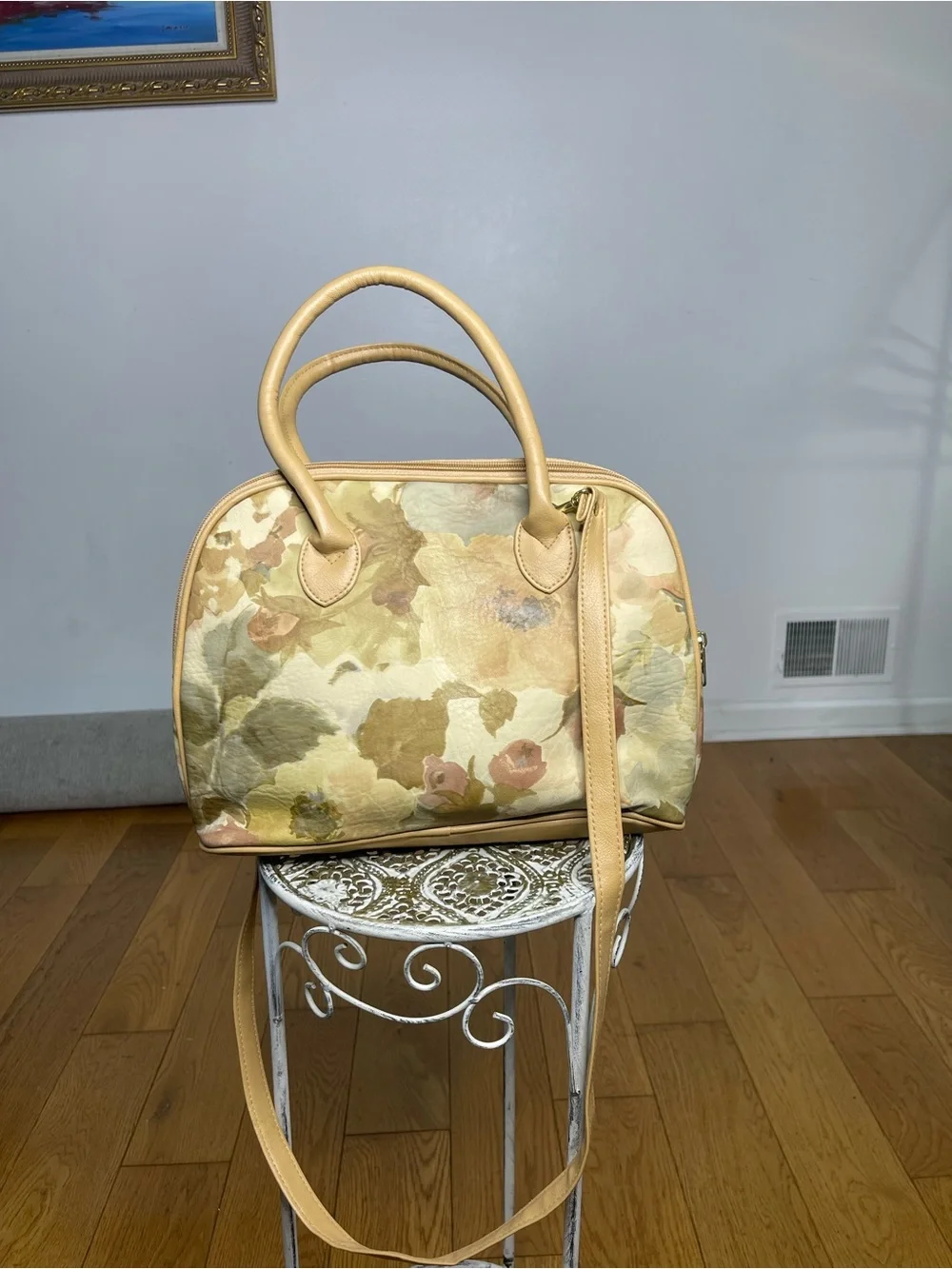 Vintage Beige Floral Satchel with Tan Trim